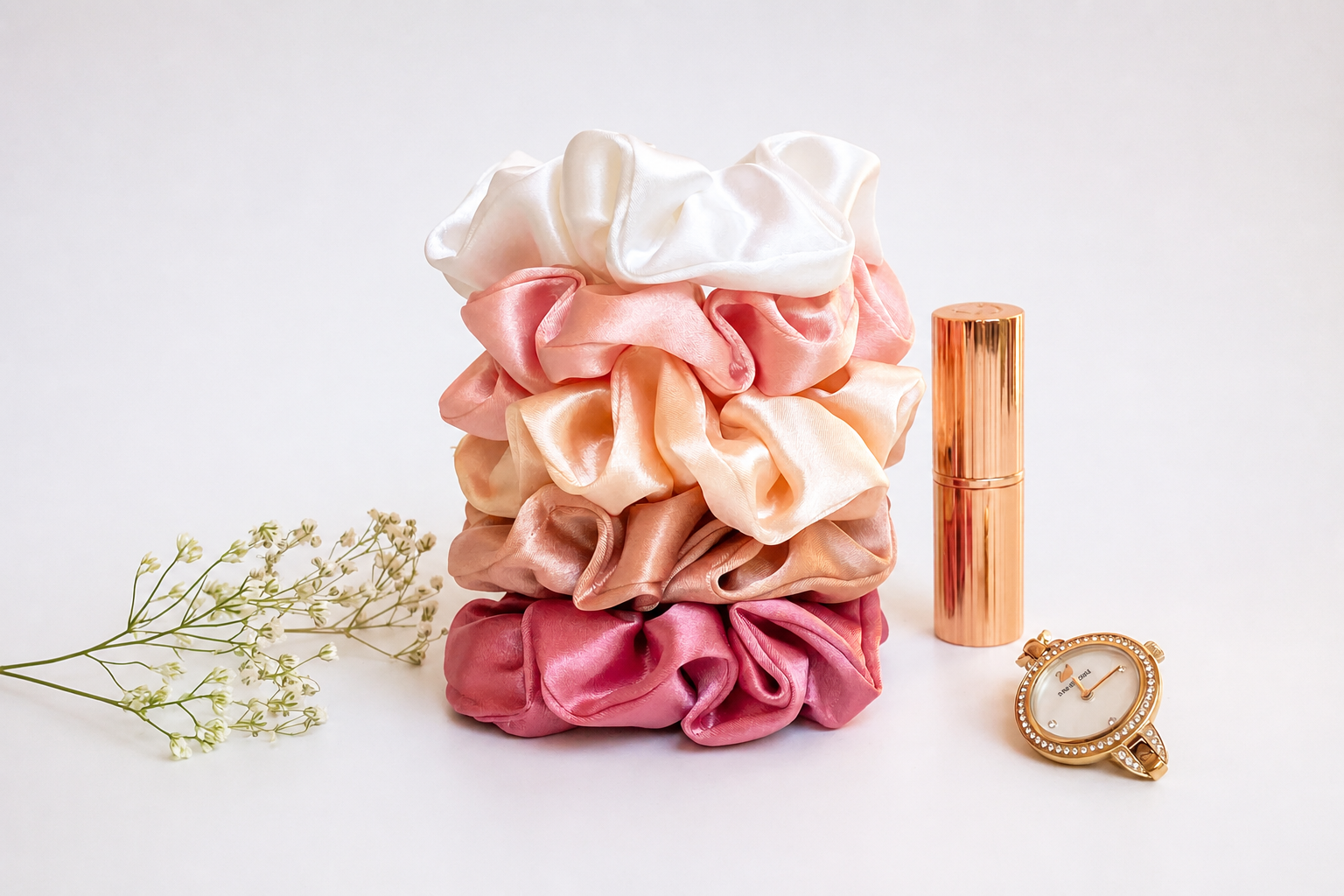 Stacked satin scrunchies in pink, blush and ivory shades on a white background for a satin scrunchie care guide