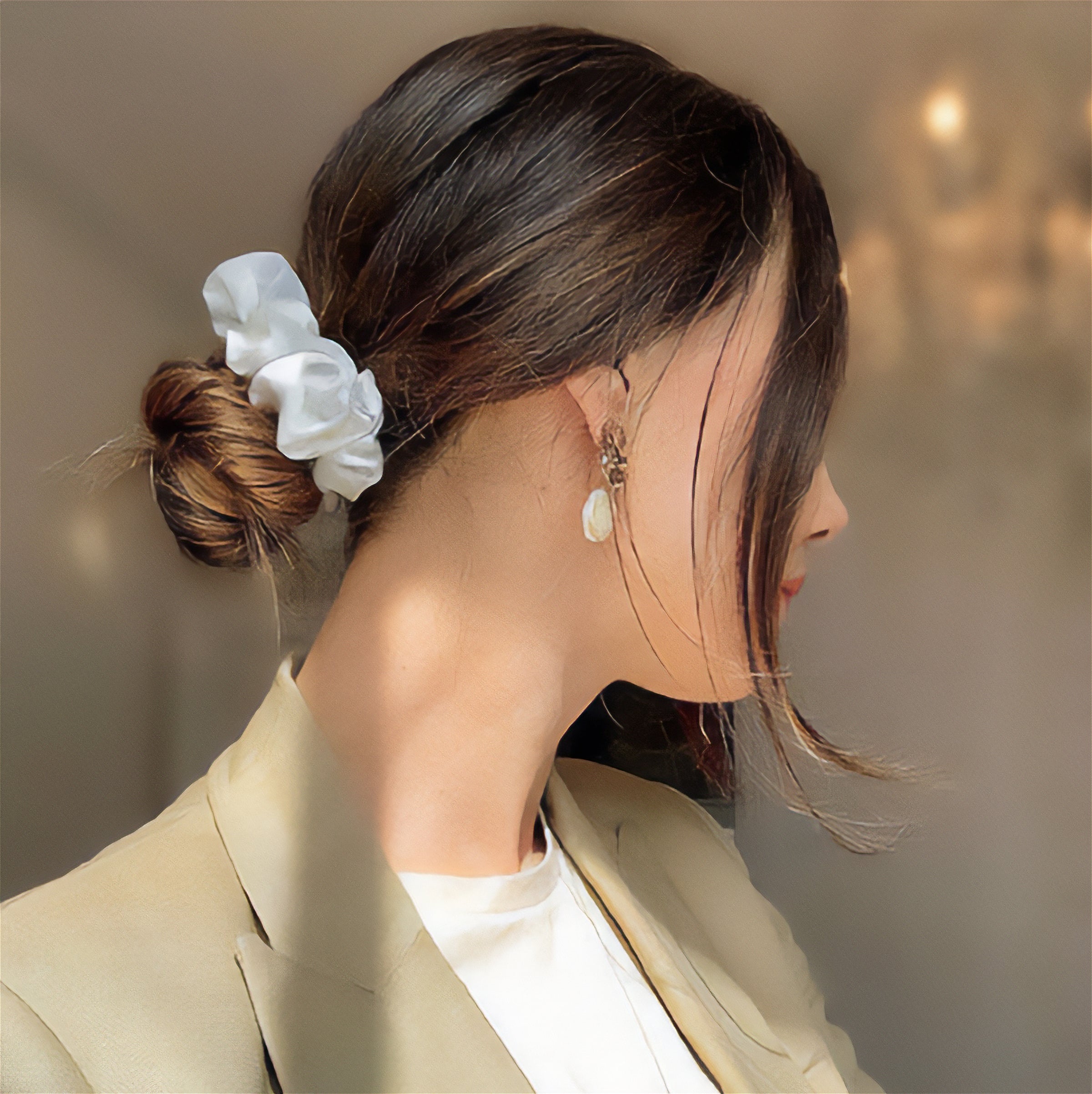 Girl Wearing White Silvr Bear Scrunchie