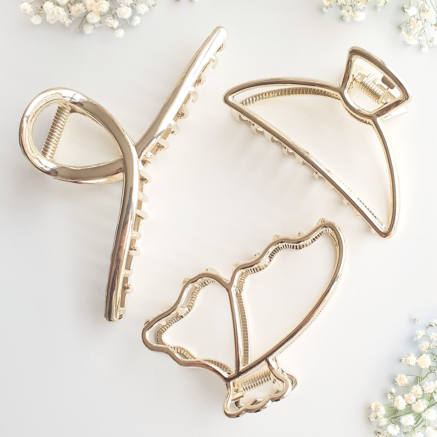 3 Metal Hair Claw Clips - Elegant Shapes - Golden Finish