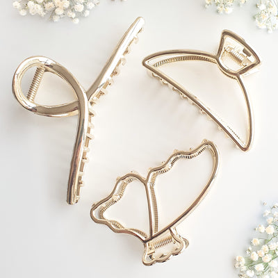 3 Metal Hair Claw Clips - Elegant Shapes - Golden Finish
