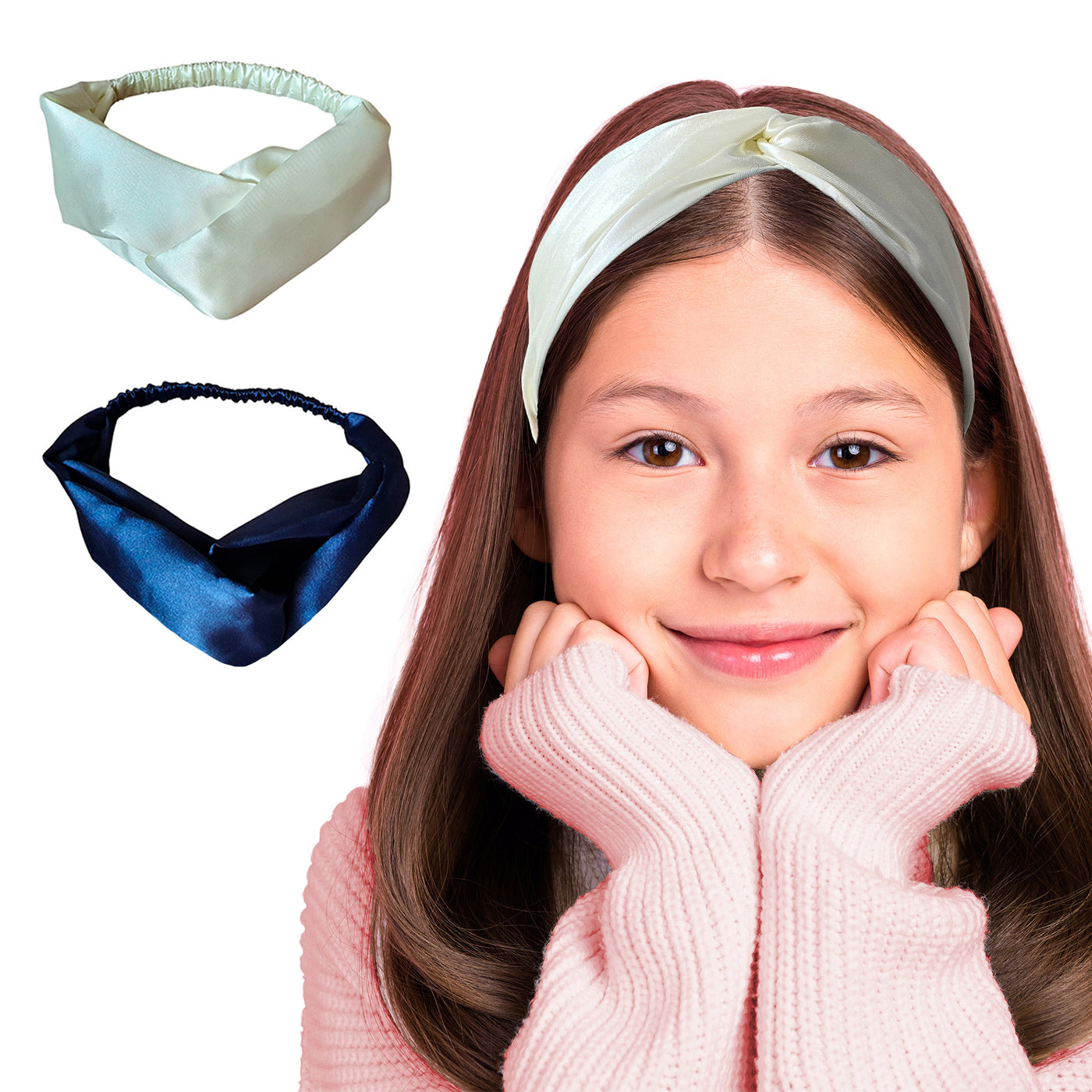 2 Satin Hairbands For Girls - Navy Ivory