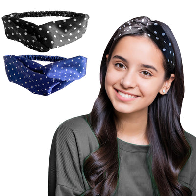 2 Luxury Satin Hairbands For Girls - Polka Dots Dark