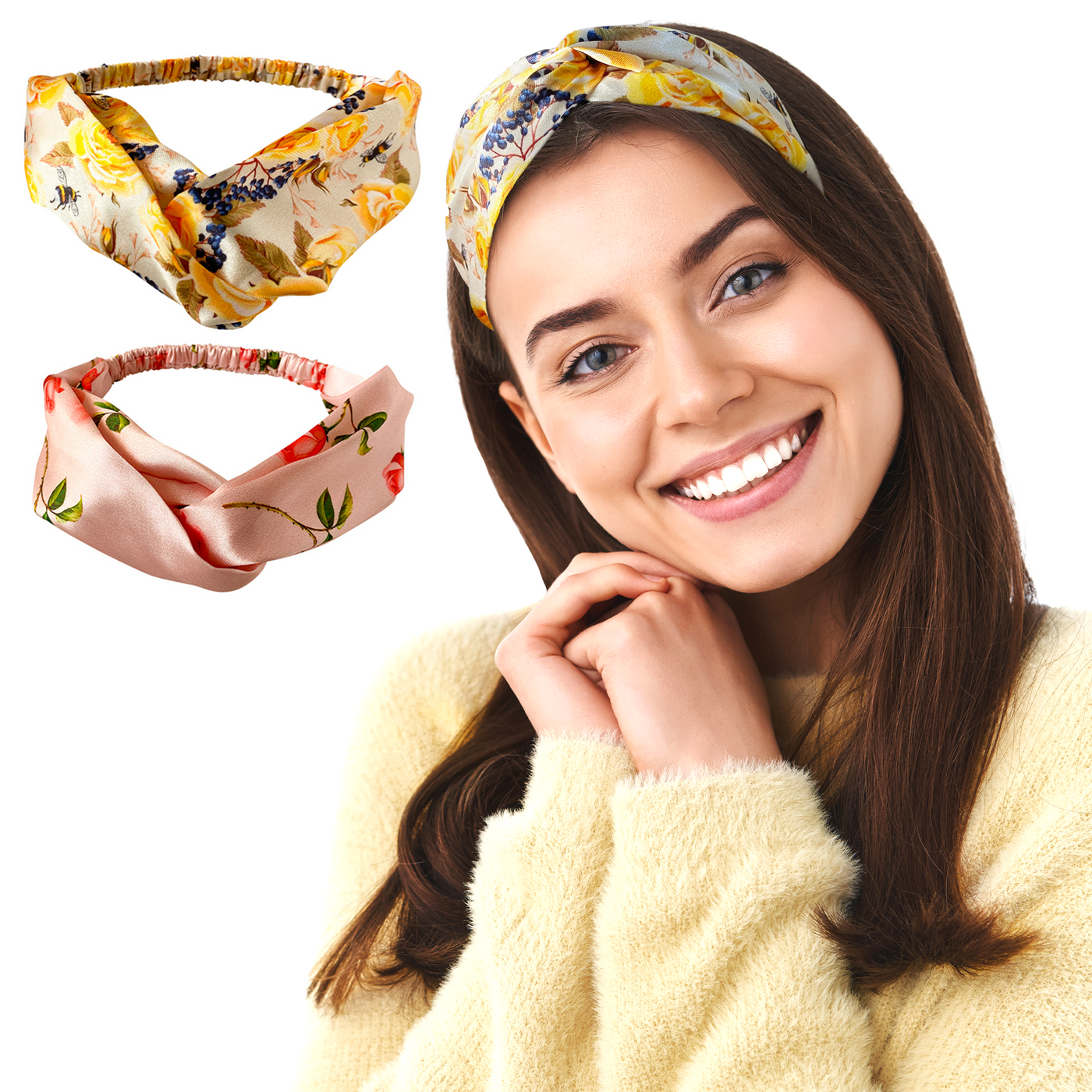 2 Luxury Satin Hairbands For Women - Floral Roses