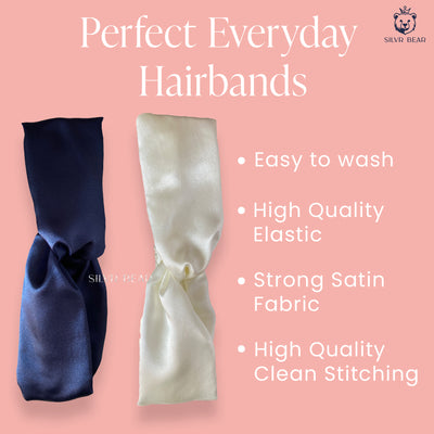 2 Satin Hairbands For Girls - Navy Ivory