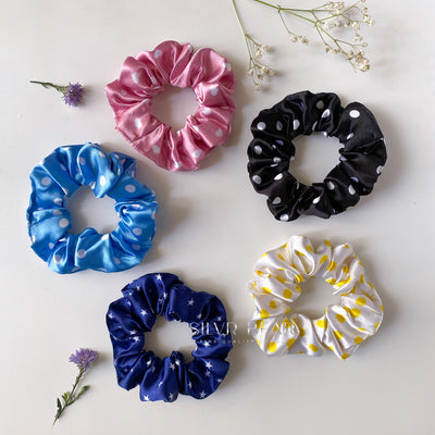 5 Satin Ribbon Scarf Scrunchies - Polka Dots