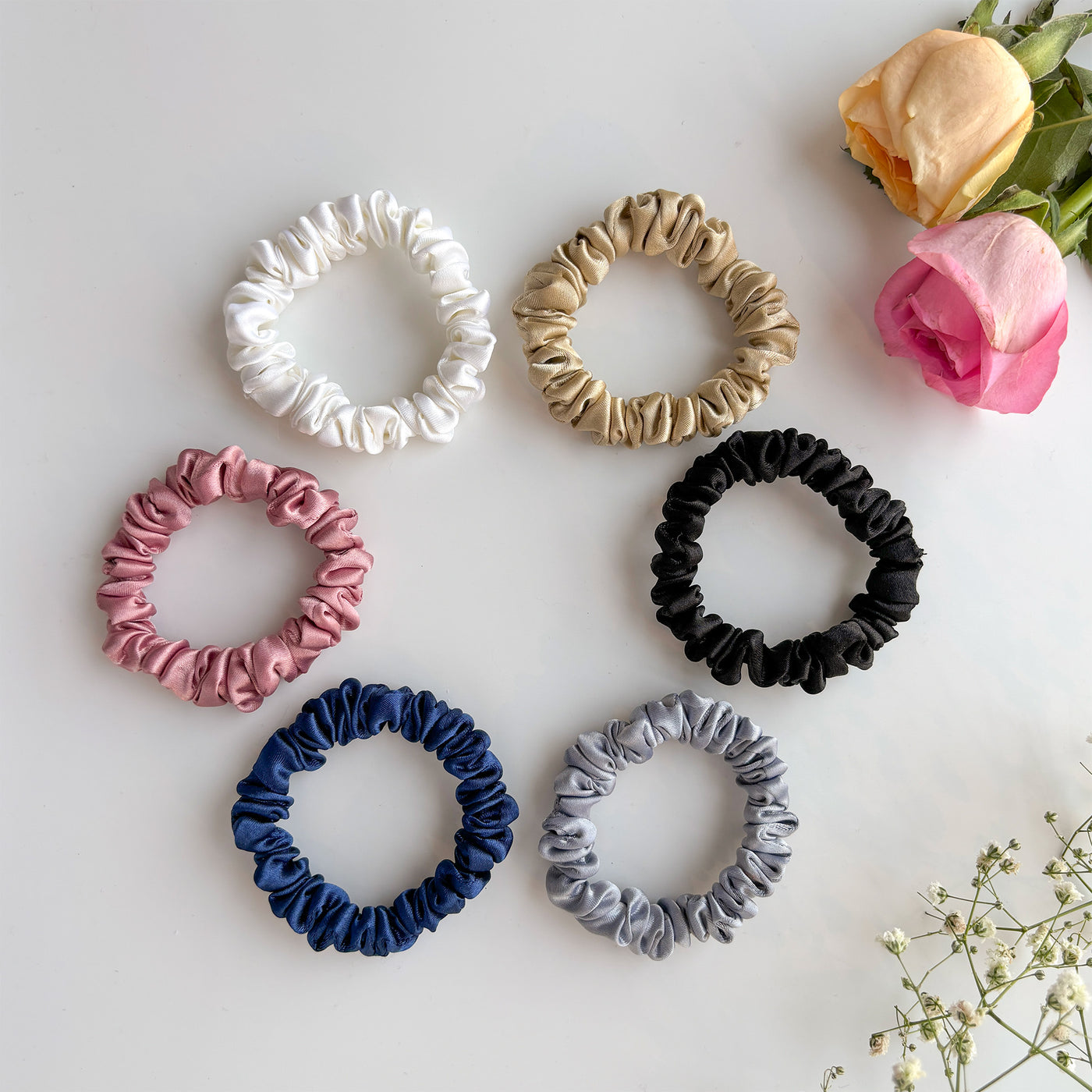 6 Luxury Satin Skinny Scrunchies - Classic Shades