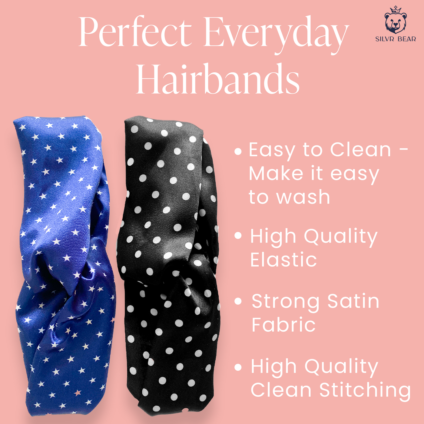 2 Luxury Satin Hairbands For Women - Polka Dots Dark