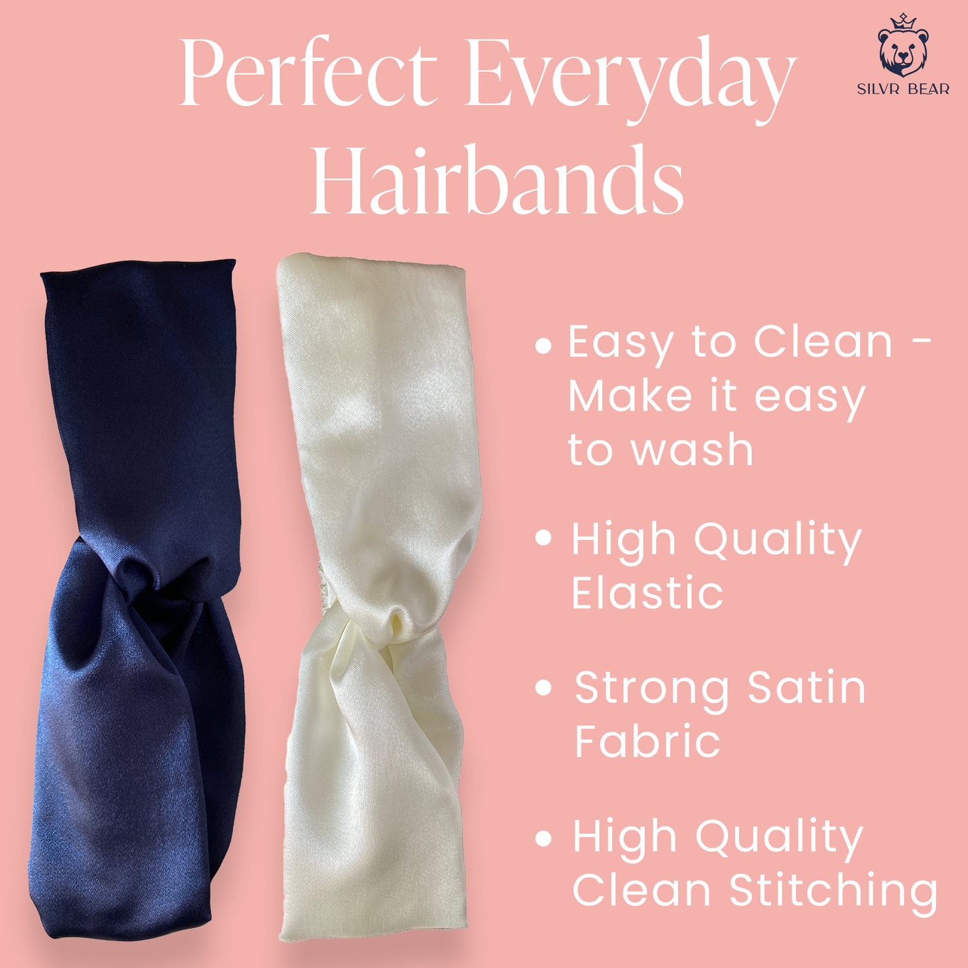 2 Satin Hairbands For Women - Solid Navy Ivory