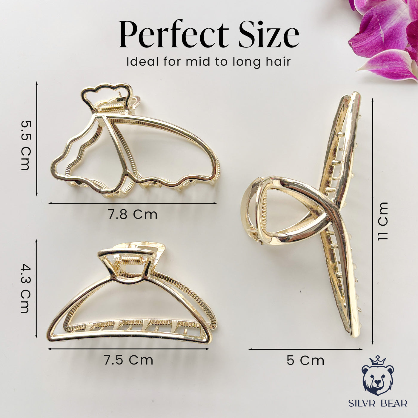 3 Metal Hair Claw Clips - Elegant Shapes - Golden Finish