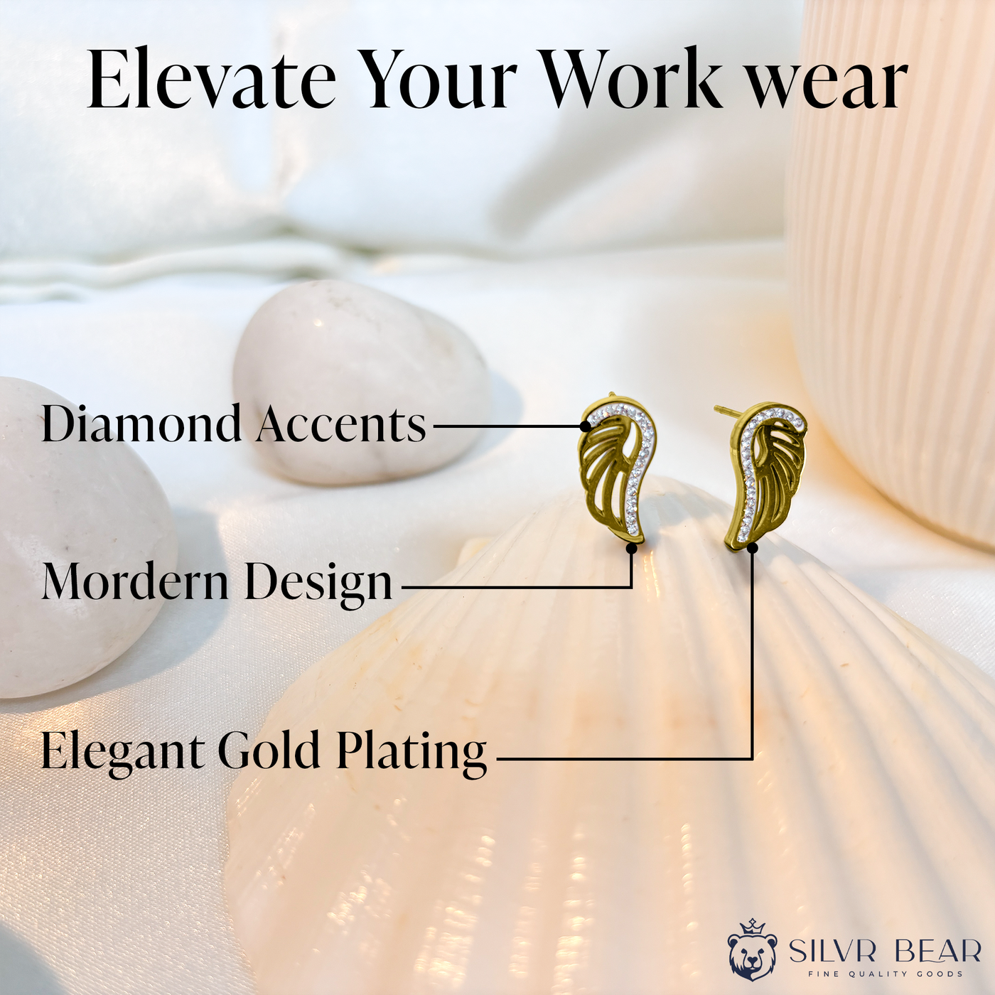 Earrings - Angel Wings - Gold Tone with Diamond Accents