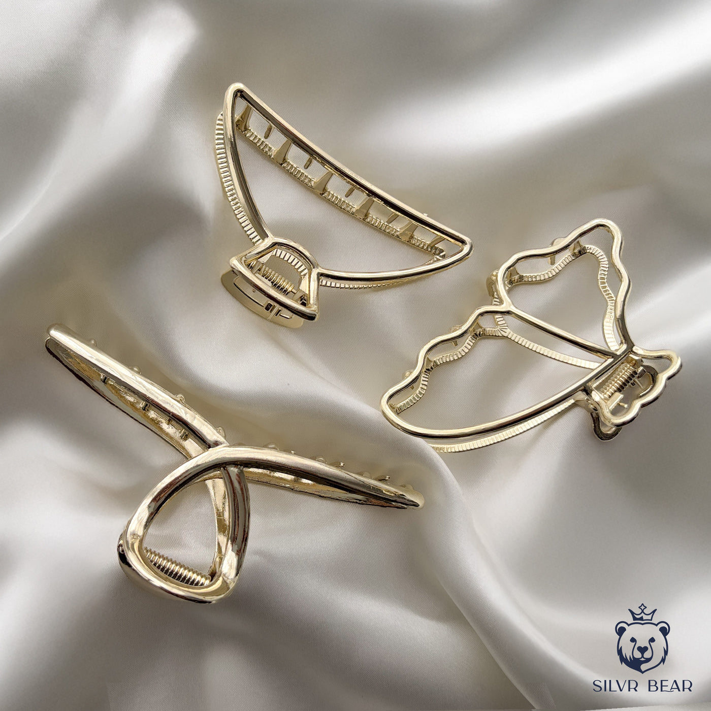 3 Metal Hair Claw Clips - Elegant Shapes - Golden Finish