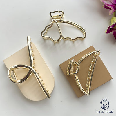 3 Metal Hair Claw Clips - Elegant Shapes - Golden Finish