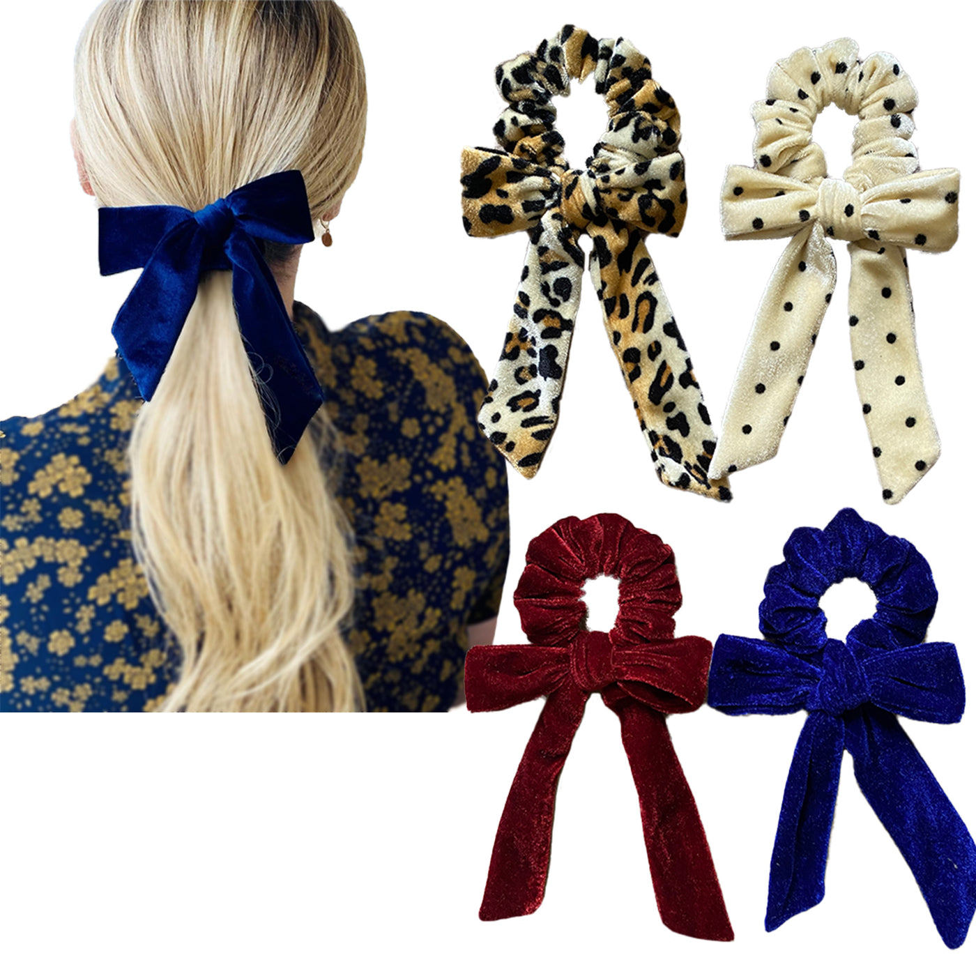 Blue Velvet Bow Scrunchie#color_maroon-royal-blue