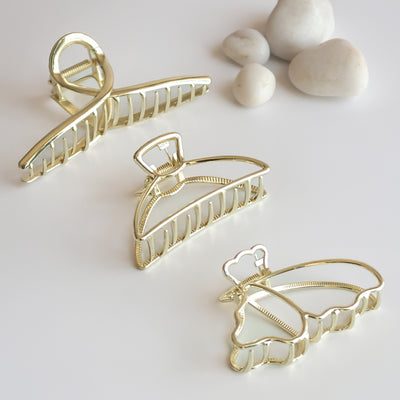 3 Metal Hair Claw Clips - Elegant Shapes - Golden Finish