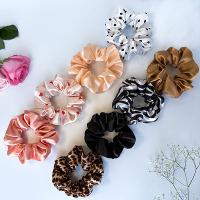 Luxury Satin Scrunchies | 4 Printed + 4 Solid - Designer Edition