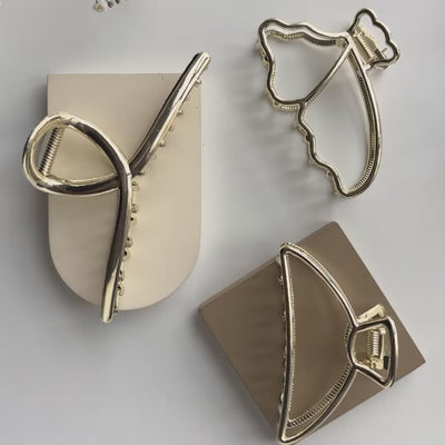 3 Metal Hair Claw Clips - Elegant Shapes - Golden Finish