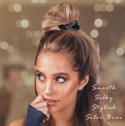 Luxury Satin Scrunchies - Black - Pack of 8 - For Women and Girls - silvrbear