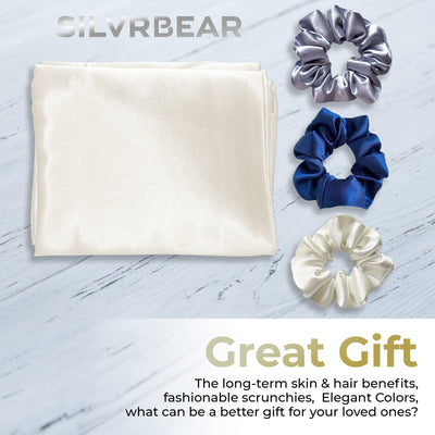 Luxury Satin Pillowcases - 18 x 27 inches | Pack of 2 Pillowcases + 3 Scrunchies | Ivory White - silvrbear