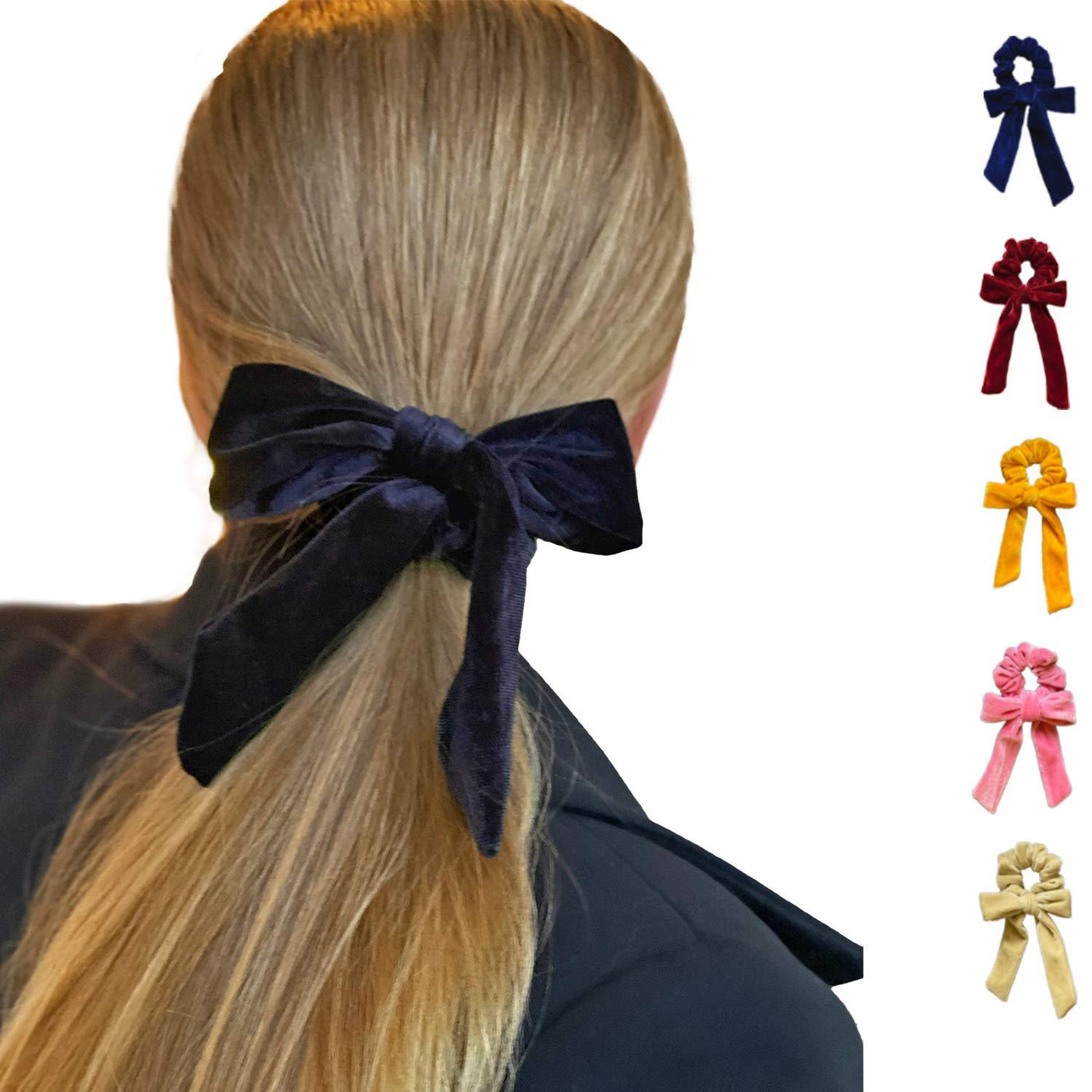 Luxury Velvet Bow Ribbon Scarf Scrunchies Pack of 5 - Solid Colors - silvrbear