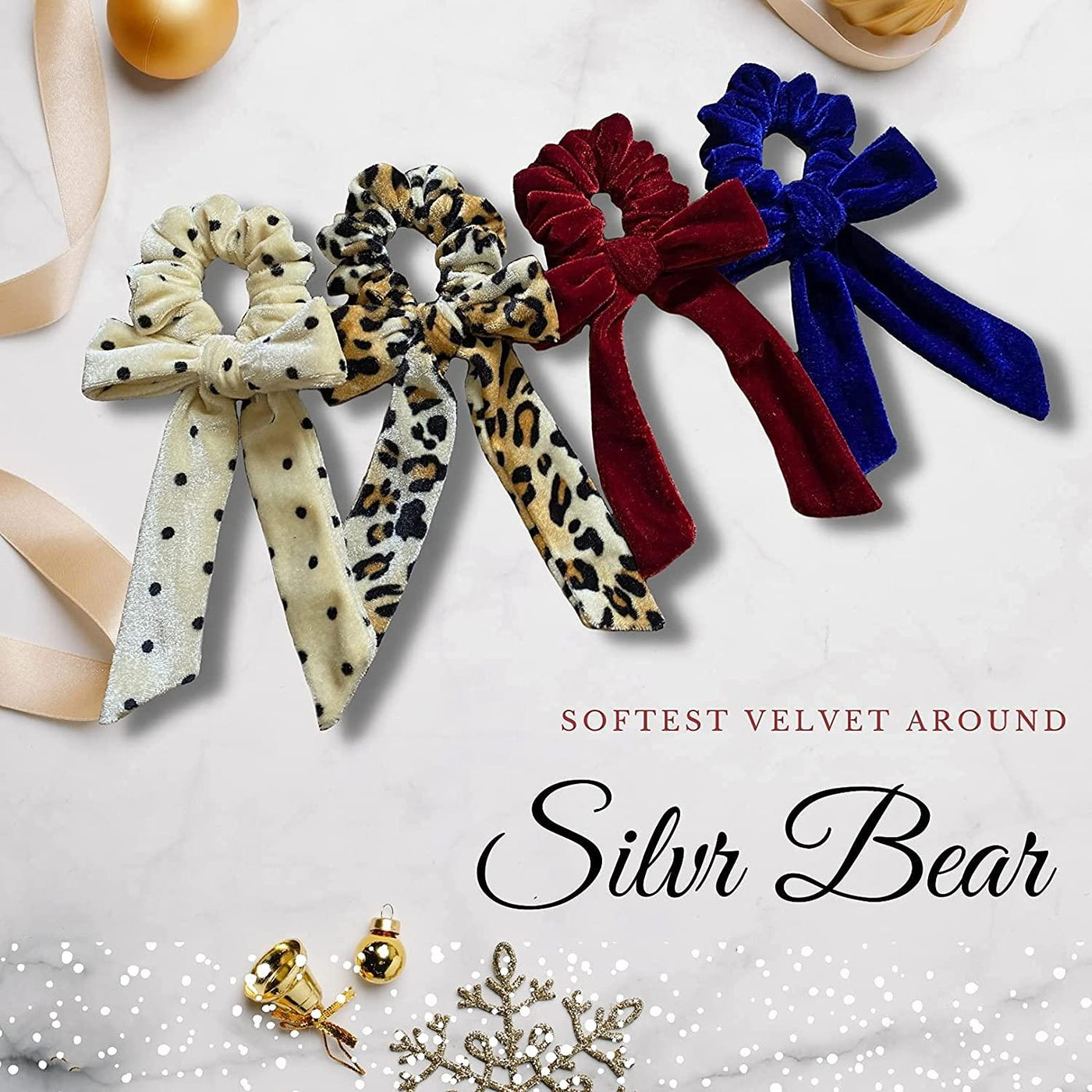 Luxury Velvet Bow Ribbon Scarf Scrunchies Pack of 4 - Printed Combo Set 2 - silvrbear