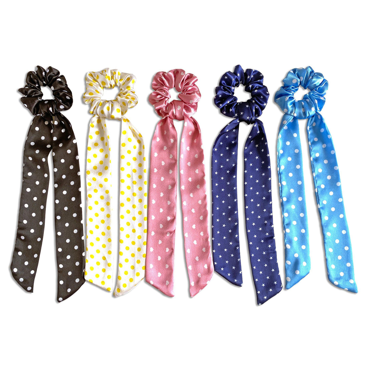 5 Satin Ribbon Scarf Scrunchies - Polka Dots