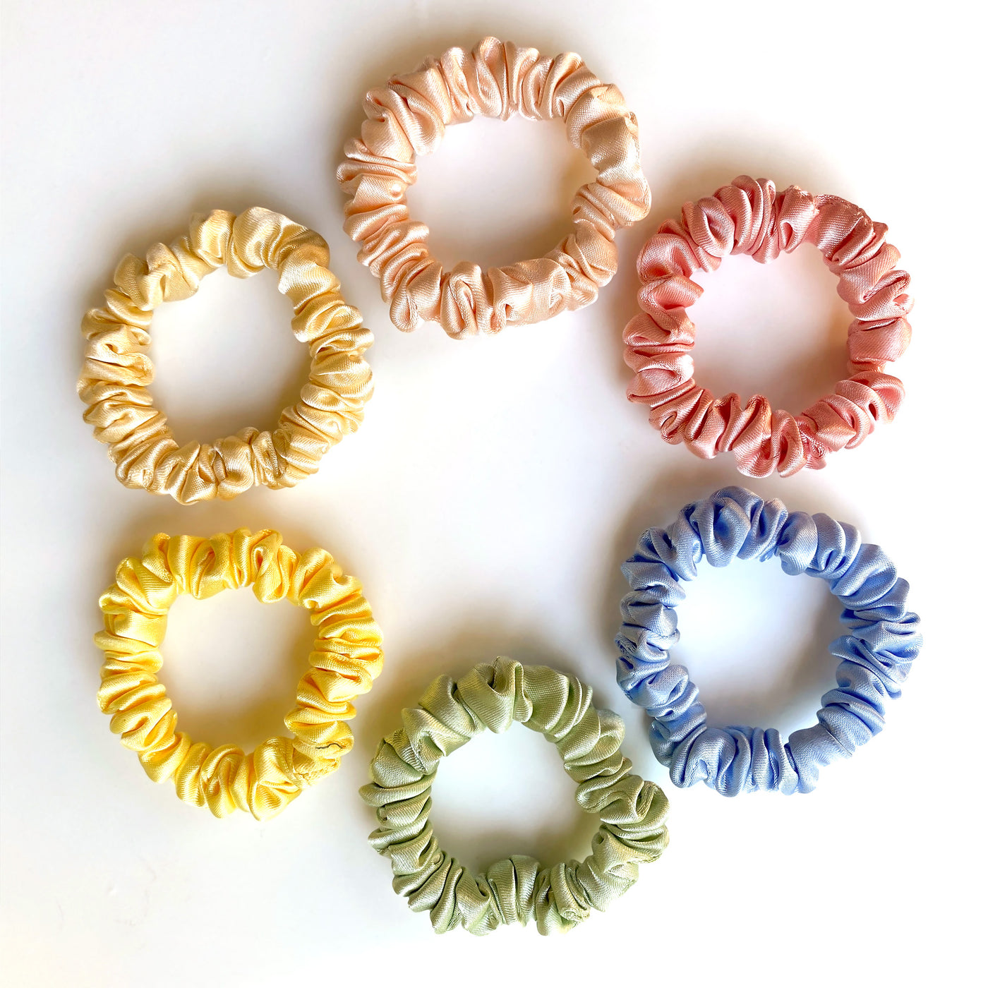 6 Luxury Satin Skinny Scrunchies - Pastel Shades