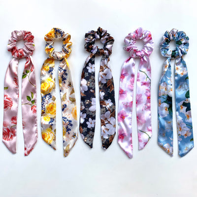 5 Satin Ribbon Scarf Scrunchies - Floral Prints
