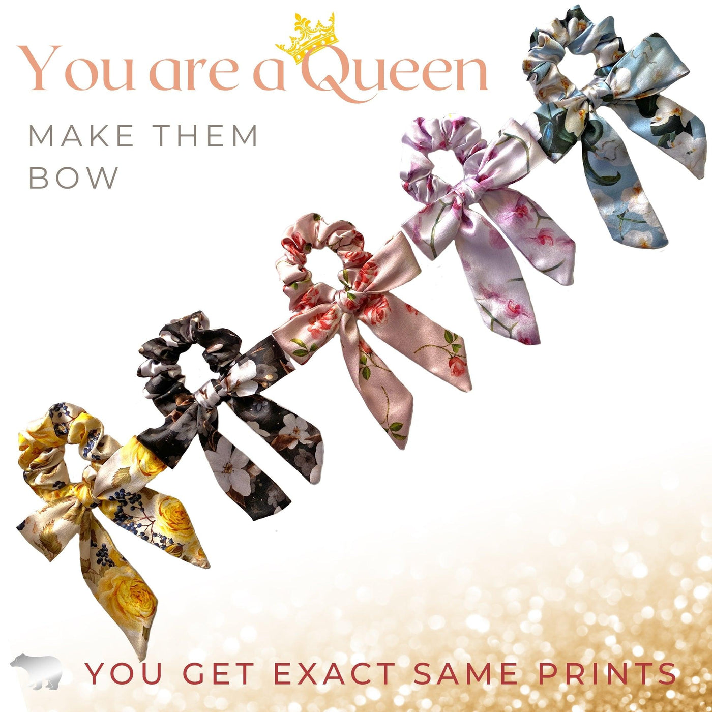 Luxury Satin Floral Ribbon Scarf Scrunchies - Set of 5 - silvrbear