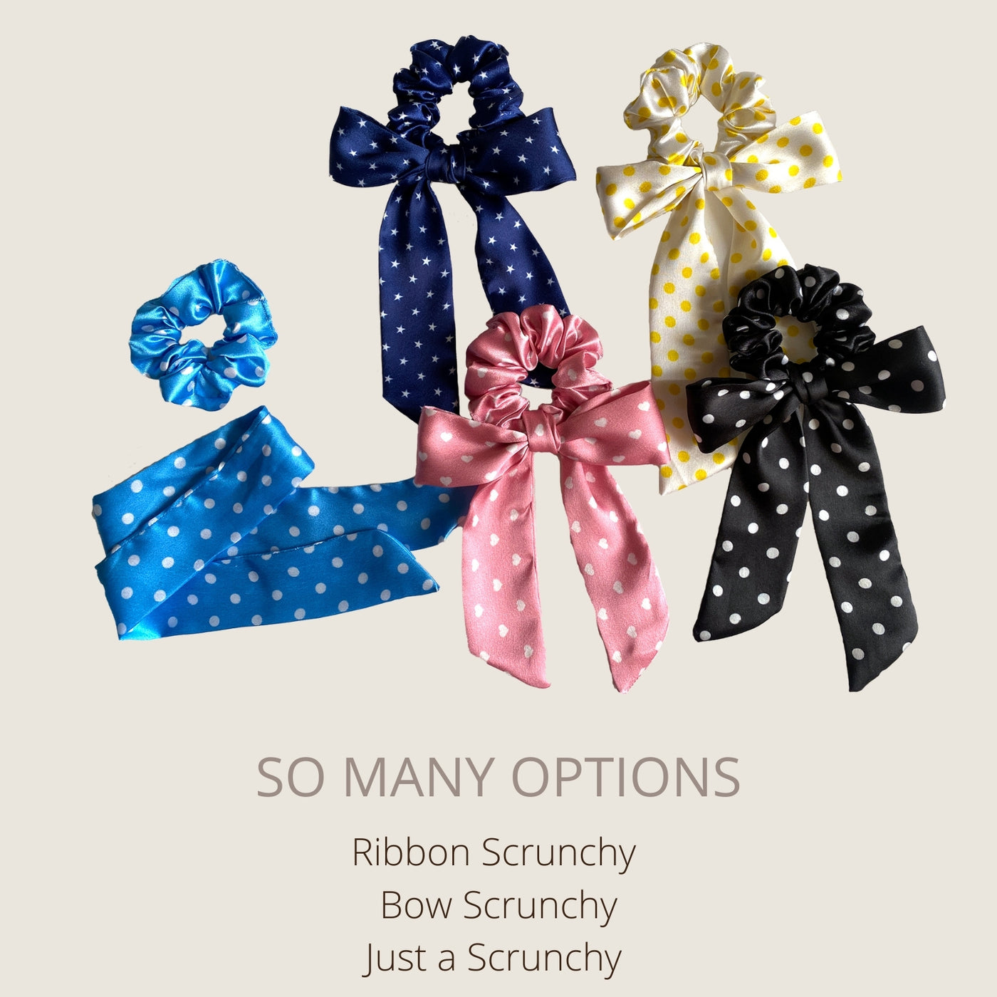 5 Satin Ribbon Scarf Scrunchies - Polka Dots